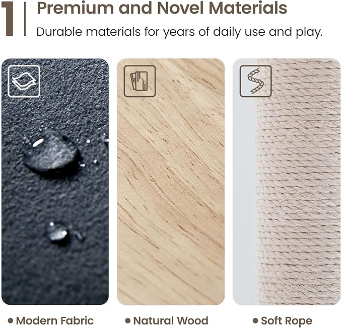 MWPO Large Modern Cat Tree, 70.1-Inch Wood Cat Tower for Indoor Cats, Multi-Level Tall Cat Condo with 2 Padded Perches, Hammock, Scratching Posts, Dangling Toys, Smoky Grey