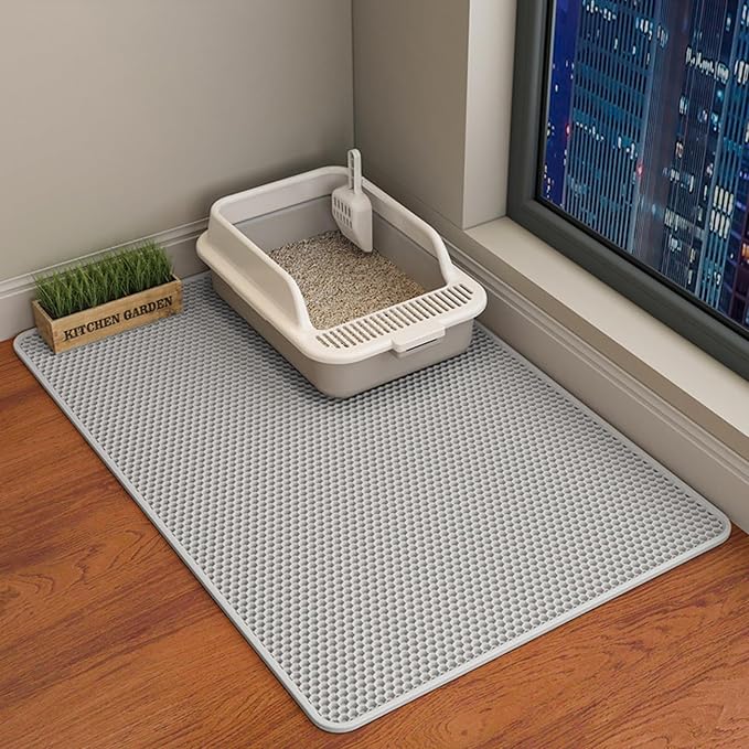 HCY&WLD Cat Litter Mat, 45x26/35x24/30x22/24x18 Inch Double Layer Cat Litter Box Mat, EVA Non-Slip, Waterproof Urine Proof Cat Litter Catcher Mat, Easy Clean Scatter Control (35x24 Inch, Gray)