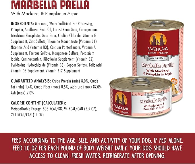 Weruva Classic Dog Food, Marbella Paella with Mackerel & Pumpkin in Aspic, 14oz Can (Pack of 12)