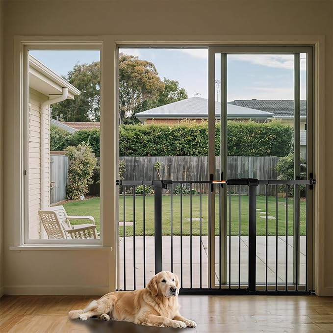 29-57" Dog Gates for Doorways No Drilling, Pet Gate Indoor, 30" Tall Metal Walk-Thru Gate, Easy One-Hand Open, Extensions & Wall Mounts Included (Black, 57" W x 30.5“H)