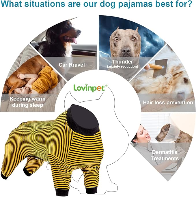 LovinPet Dog PJS Clothes for Giant Dogs, Pitbull Pure Cotton Yellow and Black Stripe Dog Shirt, 4-Legged Design, Full Body Coverage, Pajamas for Pitbulls, Onesies for Dogs, Medium