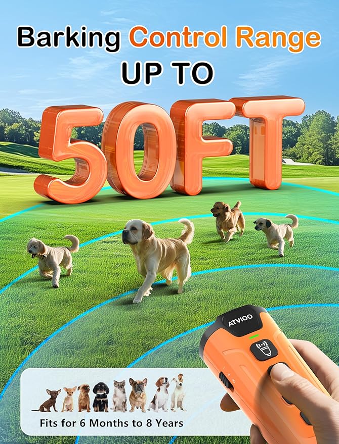 Dog Bark Deterrent Device - Ultrasonic Anti-Barking Devices with 3X Sonic Emitters, Up to 50FT Long Range & Rechargeable Bark Control - Safe for Dogs Training - Indoor & Outdoor (Orange)