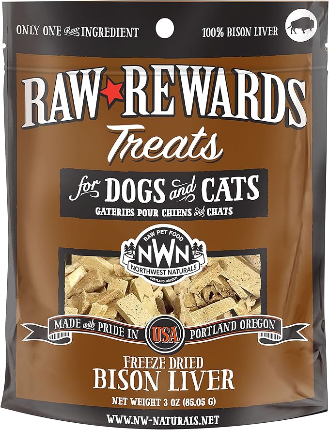 Northwest Naturals Raw Rewards Freeze-Dried Bison Liver Treats for Dogs and Cats - Bite-Sized Pieces - Healthy, 1 Ingredient, Human Grade Ingredients, All Natural, Proudly Made in USA, 3 Oz