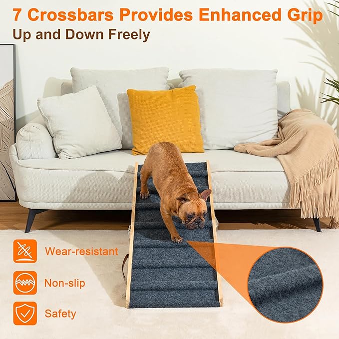 Clikuutory 2025 Upgraded Dog Ramp for Couch, 39.4" Foldable Small Dog Ramp for Bed, 4 Adjustable Height from 13" to 22", Portable Stable Pet Steps with Anti-Slip Carpet for Low Bed Couch Stairs, Wood