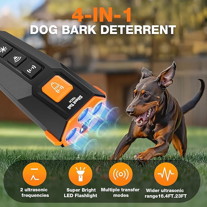 Dog Bark Deterrent Device – Anti Barking Device for Dogs with Triple Ultrasonic Emitters, 4 Modes, LED Light – Immediate Results – Safe & Humane – Indoor/Outdoor
