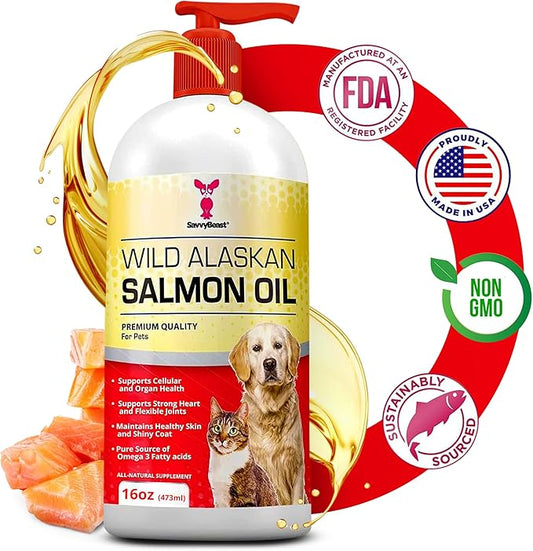 SavvyBeast Wild Alaskan Salmon Oil for Dogs, Cats & Ferrets – Omega-3 Fish Oil Pet Supplement with EPA & DHA – Supports Skin, Coat, Joints, Heart, Brain, Itch Relief & Immune – Unscented – 16 oz