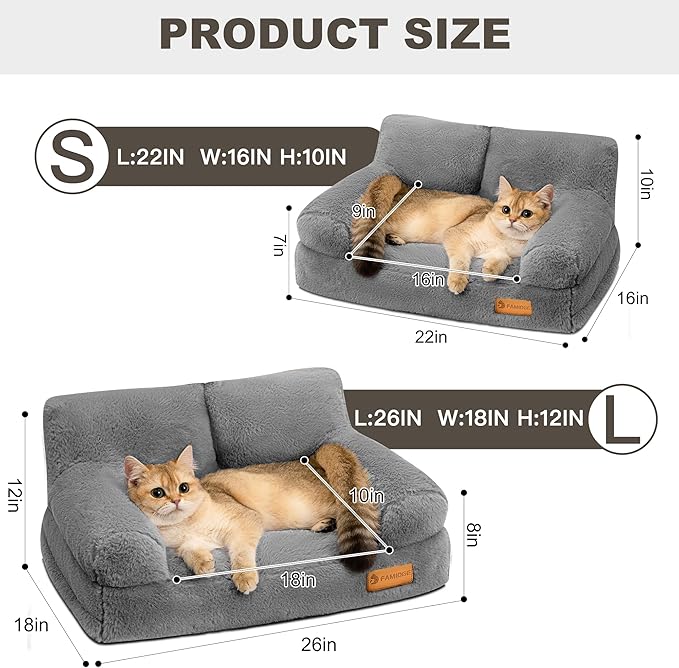 Cat Couch Bed - Cat Bed for Indoor Cats, Calming Pet Sofa Puppy Sleeping Bed with Removable Washable Cover, Cute Dog Couch and Kitty Lounge Chair for 12lbs Cats & Small Dogs(Light Grey)