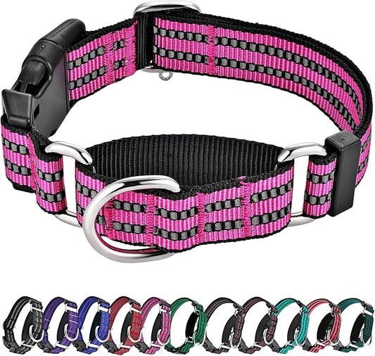 Hikiko Martingale Dog Collars Reflective Nylon Puppy Dog Collar with Quick Release Buckle Adjustable Training No Slip Dog Collar (X-Small, Pink)