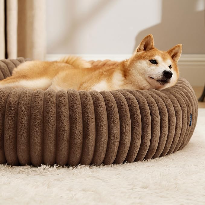 Bedsure Donut Large Dog Bed - Washable Faux Fur with Corduroy Fleece & Anti Slip Bottom, Round Pet Bed with Removable Cover, Camel Brown, 36x36x8 inches