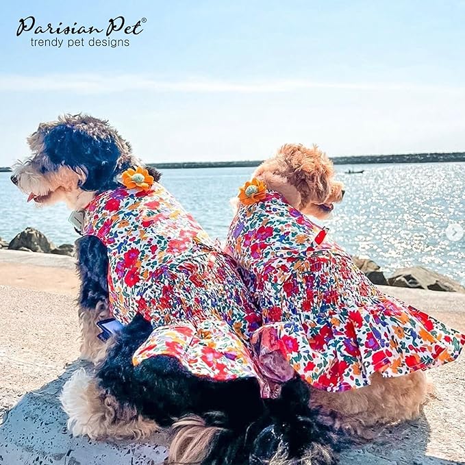 Parisian Pet Floral Printed Summer Dress - 100% Cotton Breathable Ruched Waist Dog Clothes - Beach Outfit - Cat Apparel - Dresses for Small Dogs Girl - 3XL