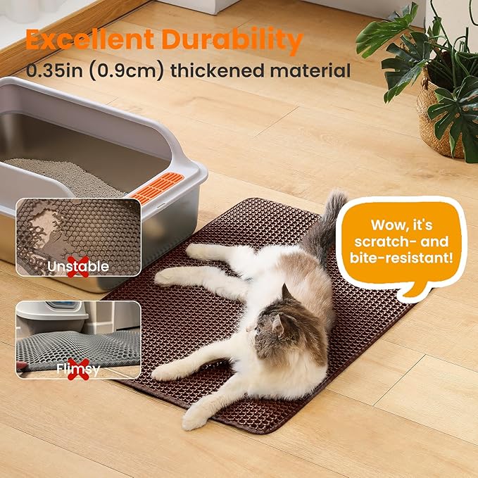 Extra Large Cat Litter Mat, 30x22 Inches Honeycomb Double Layer Cat Litter Trapping Mat, Non Slip Waterproof Urine Proof Large Kitty Litter Box Mat for Floor, Kitten Supplies, XL, Brown