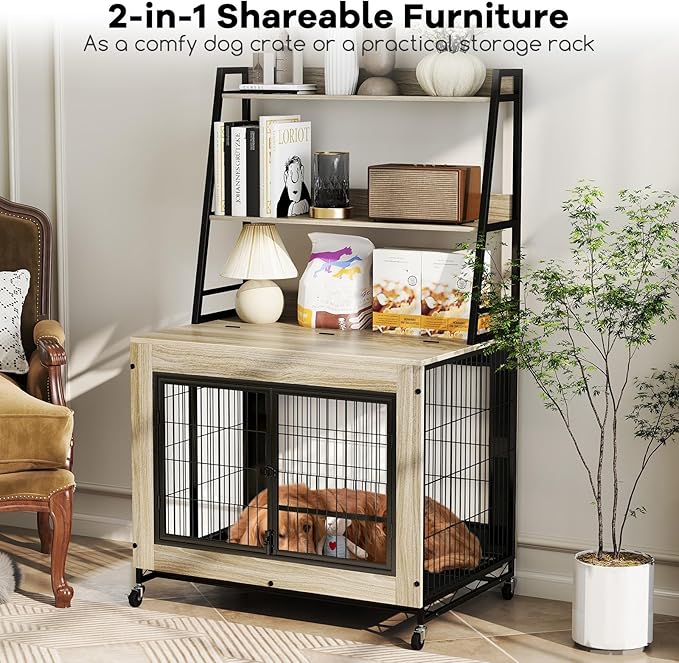 Giantex Dog Crate Furniture with Storage Shelves, 38" Furniture Style Indoor Dog Kennel on Wheels, 3 Doors, Flip Top Lid, Removable Pull-Out Tray, Dog Cage Pet House for Large Dogs, Oak Gray