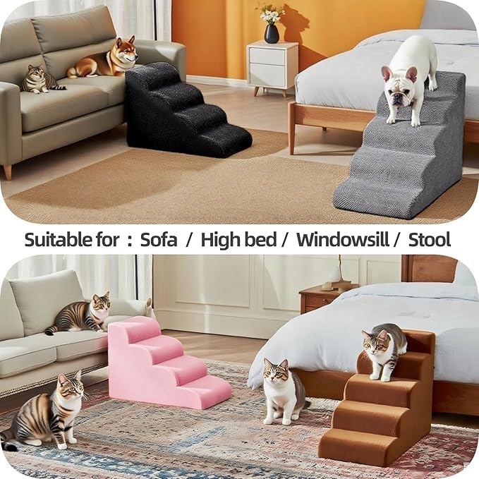 5 Step Pet Stairs Ramp for High Beds Sofas 23-30 Inch with Sturdy Non Slip Waterproof Pads, Machine Washable Cover Indoor Balanced Design for Cats Dogs Small Medium Large XL Pets Brown, Large,