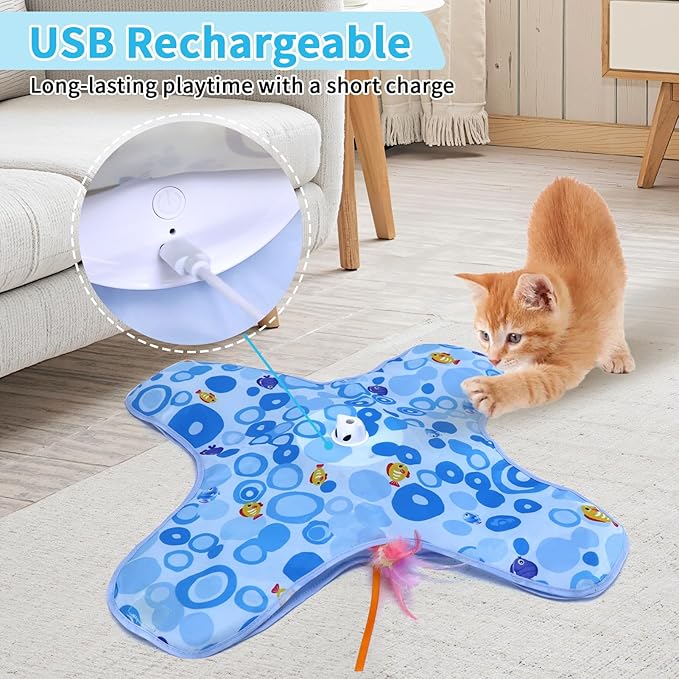 DFQ Interactive Cat Toys Chargeable, 2 in 1 Automatic Hide and Seek Cat Toys with Moving Concealed Feather Hidden in Bag,Touch Activated Cat Kitten Toys for Indoor Bored Adult Cats,Blue