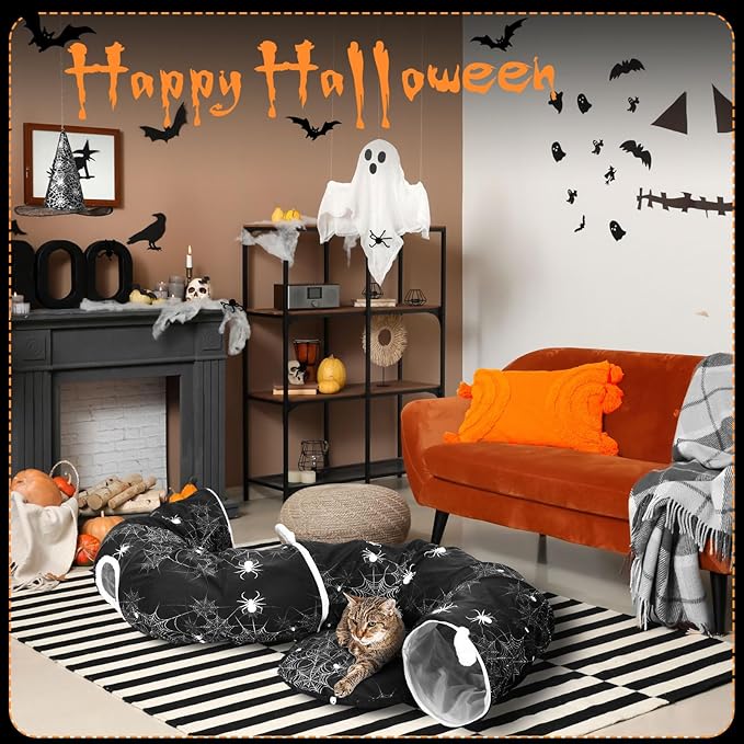 Aliceset Halloween Cat Tunnel Bed for Indoor Cats 3ft x 3ft x 10in Foldable Cat Donut Tunnel with Washable Cushion Halloween Spider Pet Peekaboo Cave Toy for Small Kitten Kitty