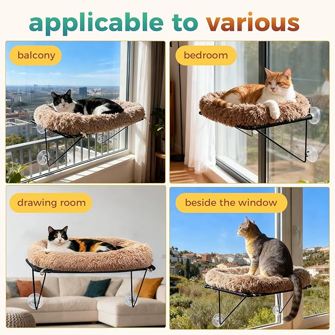 Cat Window Perch, Cordless Cat Hammock Window Seat with Sturdy Metal Frame Supports and 4 Strong Suction Cups (Brown, Long Hair)