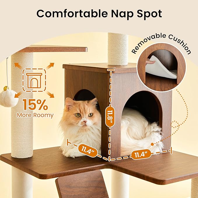 Large Modern Cat Tree - 70 inch Tall Cat Tower for Indoor Cats, Multi-Level Cat Condo with 7 Fully Wrapped Scratching Posts,2 Spacious Perches, Hammock, Cozy Pad & Dangling Balls-Walnut Brown