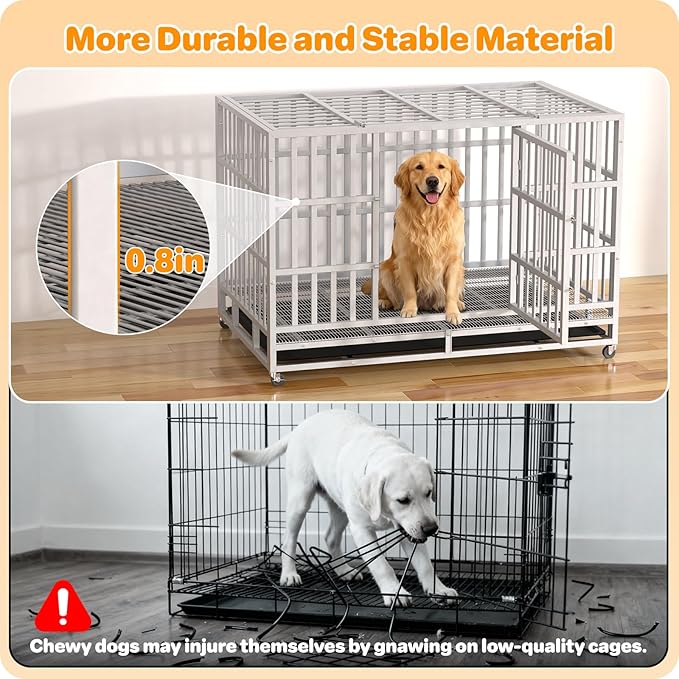Heavy Duty Indestructible Dog Crate 48 Inch with Removable Tray, Sizes & Colors Optional, Escape Proof Double Door High Anxiety Cage Indoor, Kennel with Wheels for Large Dogs, XL XXL XXL