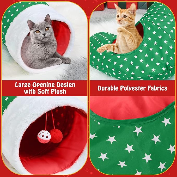 Pawaboo Cat Tunnel Christmas Sock with Bell Balls, Upgraded 2 Way Cat Tunnel Interactive Toy for Christmas, Pet Xmas Stocking with Crinkle Paper & Strong Spring-steel Frame for Cat Kitten Kitty, Green