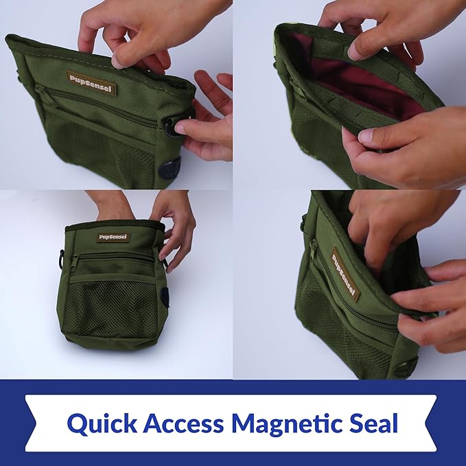 Dog Treat Pouch, Durable Oxford Polyester, No-Spill Magnetic Closure, Treat Pouches for Pet Training with Metal Clip, Waist Belt, Adjustable Strap, Poop Bag Dispenser (Army Green)