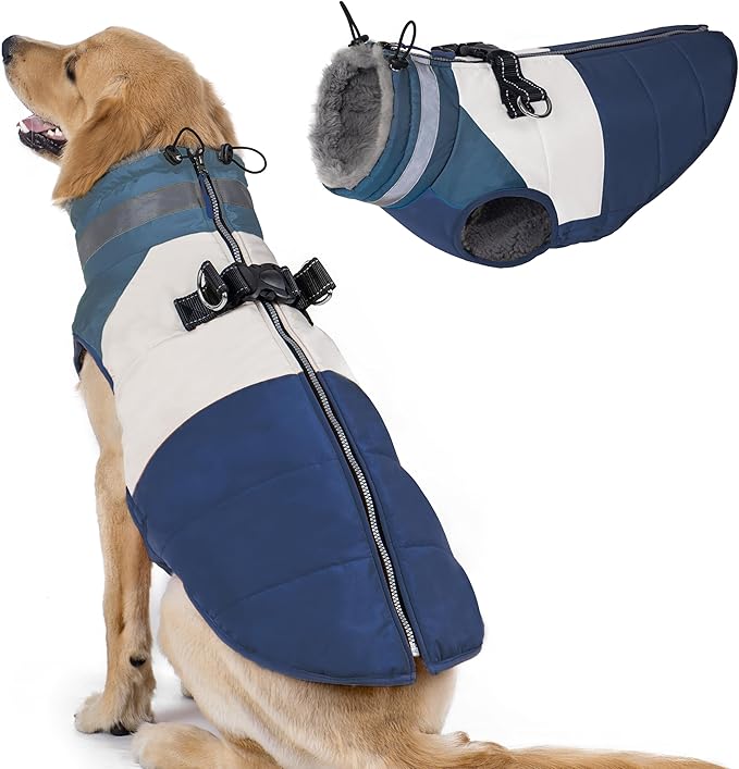 azuza Dog Jacket for Medium Dogs Waterproof Dog Coat with Reflective Strips and Harness Built in Warm Fleece Dogs Winter Coat Windproof with Back Zipper, Navy 2XL