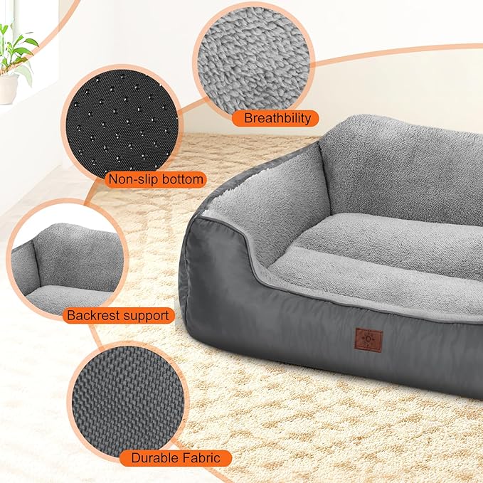 Orthopedic Dog Beds Large Sized Dog, Washable Memory Foam Pet Bed with Sides, Large Pet Couch Sofa with Non-Slip Bottom, 31”x26”x7”, Grey
