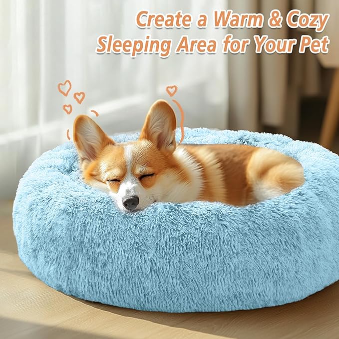 JOLLYVOGUE Calming Dog & Cat Bed for Large Dogs, Anti-Anxiety Donut Cuddler Cozy Soft Round Bed with Anti-Slip Bottom, Fluffy Faux Fur Plush Cushion Beds for Medium Dogs (36")