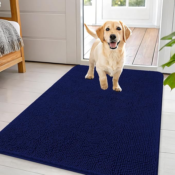 OLANLY Dog Door Mat for Muddy Paws 44x32, Absorbs Moisture and Dirt, Absorbent Non-Slip Washable Doormat, Quick Dry Chenille Mud Mat for Dogs, Entry Indoor Entryway Carpet for Inside Floor, Navy Blue