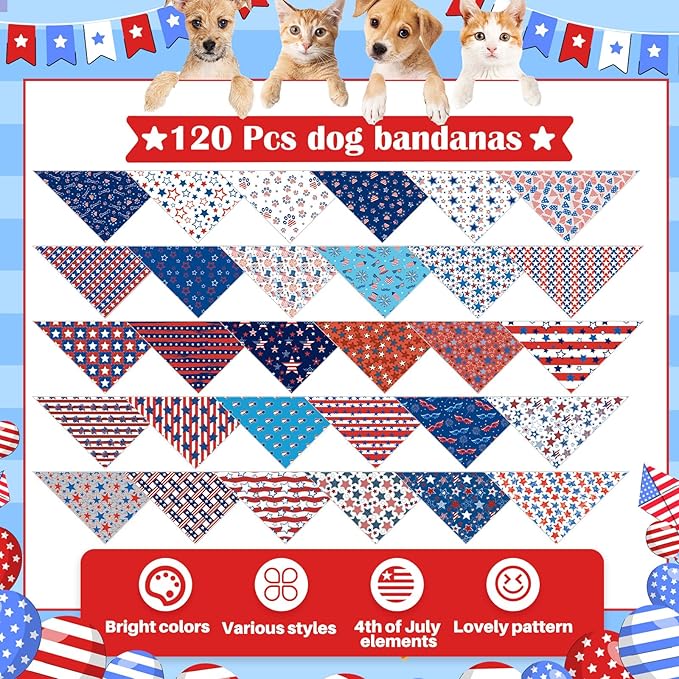 Sanwuta 120 Pcs Patriotic Dog Bandana Bulk American Flag Dog Bandanas Independence Day Pet Scarf Soft Triangle Scarfs for Small and Medium Pets, 30 Styles