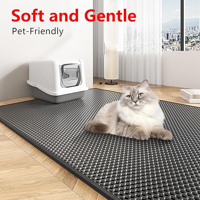 Cat Litter Box Mat: 47"x 36" Waterproof Kitty Cat Litter Trapping Mat, Easy-clean Double-layer Scatter Control Pad Rug (Black)
