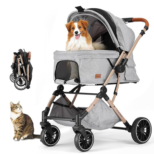 EchoSmile Small Medium Dogs Stroller 4-Wheel Pet Strollers for Medium Dogs Up to 50lbs, One Click Folding Large Cat Stroller, Reversible Handle, Shock Absorbing Wheels, Removable Washable Pad