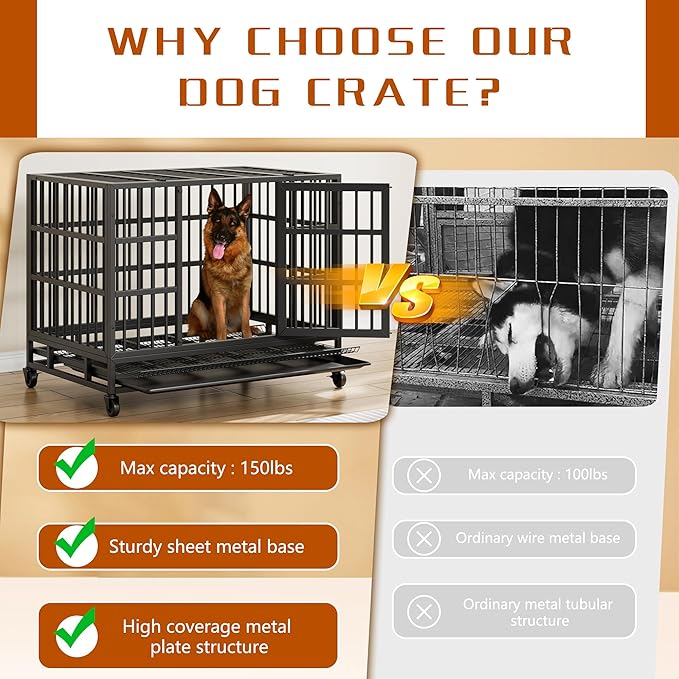 Vongrasig 38 Inch Heavy Duty Indestructible Dog Crate, Escape Proof Dog Cage Kennel with Lockable Wheels,High Anxiety Double Door Dog Cage,Extra Large XL XXL Crate Indoor for Large Dogs