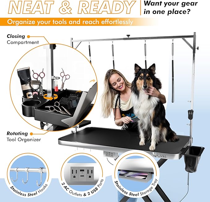KANIS Professional Electric Dog Grooming Table - Heavy Duty, Height Adjustable Pet Grooming Table w/Leveling Wheels, Grooming Arm, Anti Slip Tabletop & Tool Organizer/Dog Grooming Station (49", BLACK)