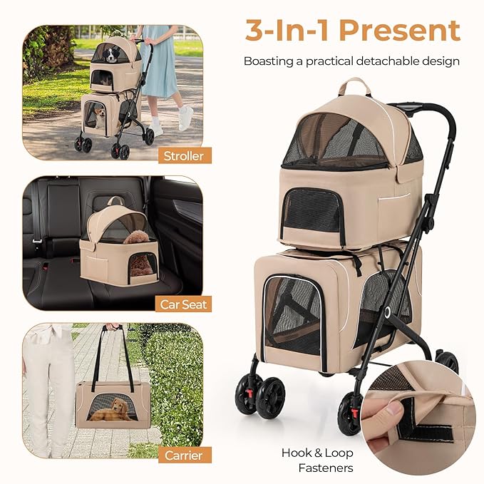 Giantex Double Dog Stroller for 2 Dogs, Detachable Carriers, Safety Belt, 4 Lockable Wheels, Pet Travel Carrier Strolling Cart, Folding Cat Stroller for Small Medium Pets Dogs (Beige)