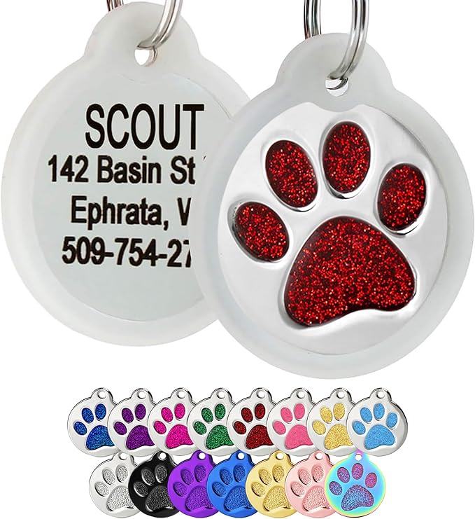 GoTags Paw Print Round Stainless Steel Pet Tag for Dogs and Cats, Personalized with 4 Lines of Custom Engraved ID with Silencer, in Stainless Steel and 15 Colors Small and Large, Glitter Red