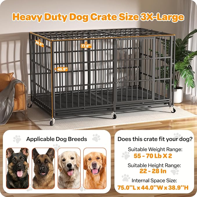 Heavy Duty Indestructible Dog Crate 78 Inch with Removable Tray, Sizes & Colors Optional, Escape Proof Double Door High Anxiety Cage Indoor, Kennel with Wheels for Large Dogs, XL XXL XXL