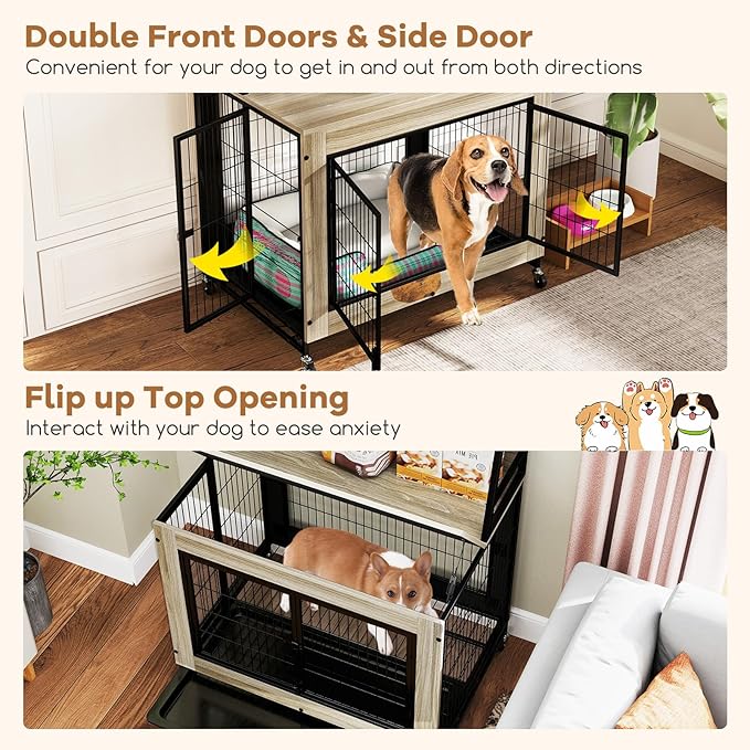Giantex Dog Crate Furniture with Storage Shelves, 38" Furniture Style Indoor Dog Kennel on Wheels, 3 Doors, Flip Top Lid, Removable Pull-Out Tray, Dog Cage Pet House for Large Dogs, Oak Gray