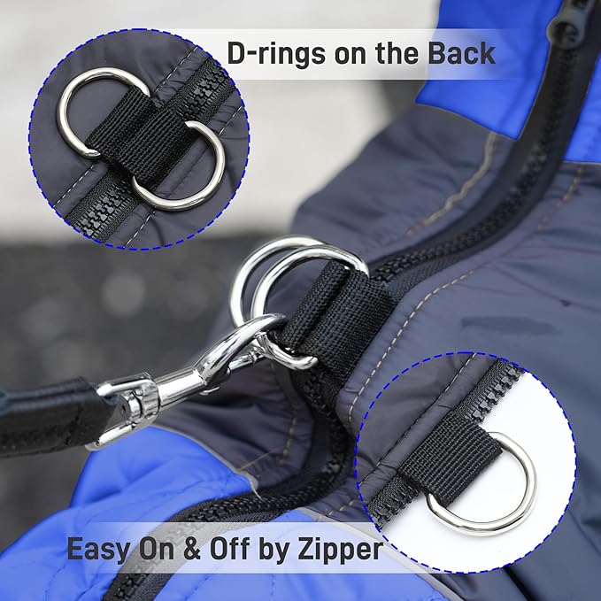 Warm Fleece Dog Coats for Large Dogs,D-Rings Waterproof Puppy Jacket for Cold Winter,Blue XXL