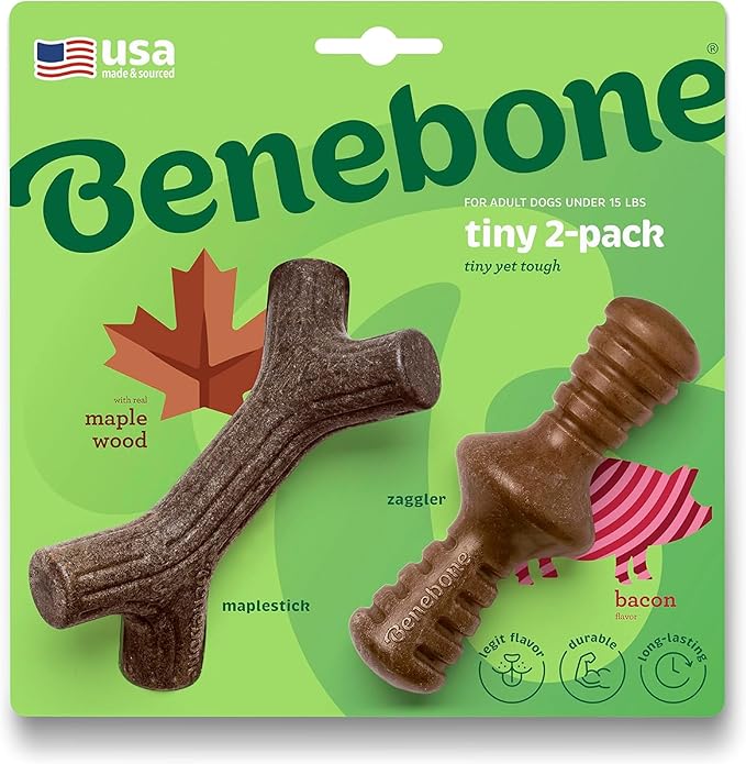 Benebone 2-Pack Maplestick/Zaggler Durable Dog Chew Toys, Real Bacon, Real Maplewood, Made in USA, Tiny, Extra Small, Brown