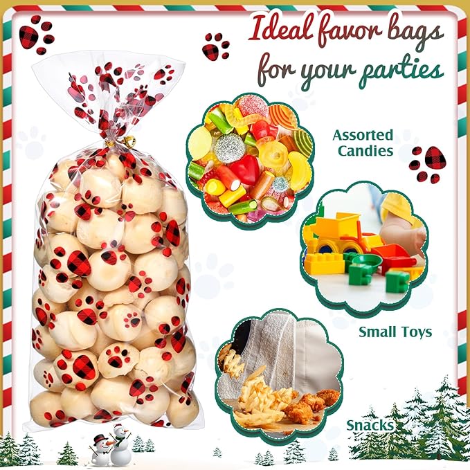 Blulu 100 Pieces Dog Treat Bags Puppy Party Favor Pet Paw Cone Cellophane Bags Candy Heat SealableDog Paw Gift with 100 Pieces Silver Twist Ties for Pet Cat Treat Party Favor(Red and Black)