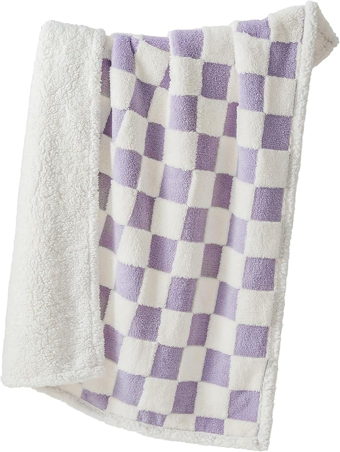 Lesure Waterproof Dog Blanket for Medium Dogs - Washable Double Sided Dog Blankets with Warm Jacquard Shag and Soft Sherpa Fleece, Pet Cat Blanket for Couch Protection, 3D Textured Checks, Purple