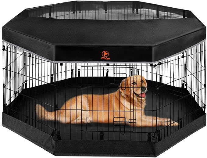 PJYuCien Dog Playpen - Metal Foldable Dog Exercise Pen, Pet Fence Puppy Crate Kennel Indoor Outdoor with 8 Panels 30”H & Top Cover and Bottom Pad for Small Medium Pets