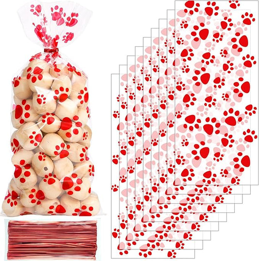 Blulu 100 Pieces Dog Treat Bags Puppy Party Favor Pet Paw Cone Cellophane Bags Candy Heat SealableDog Paw Gift with 100 Pieces Silver Twist Ties for Pet Cat Treat Party Favor(Red)