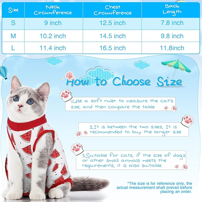 Nuanchu 3 Pieces Cat Recovery Suit Kitten Recovery Suit E-Collar Alternative for Cats and Dogs Abdominal Skin Anti Licking Pajama Clothes Sets(Small,Watermelon Style,Colorful)
