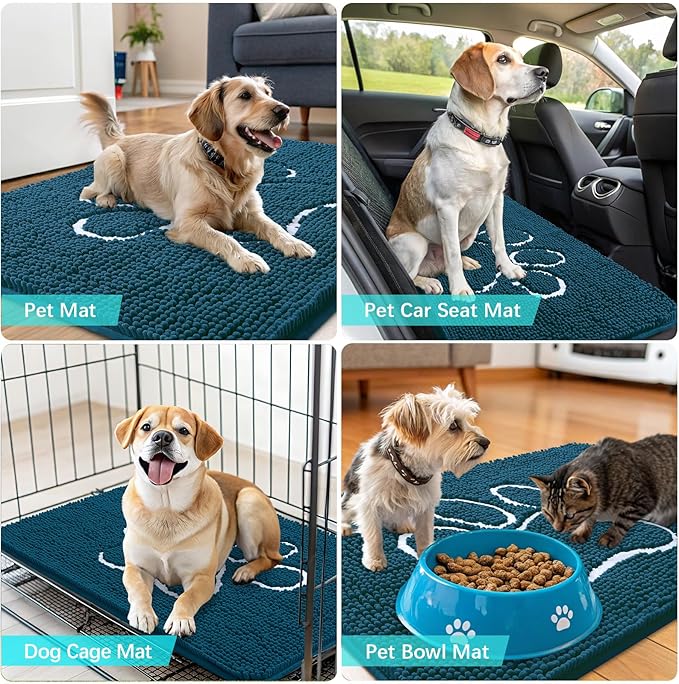 OLANLY Dog Door Mat for Muddy Paws 48x30, Paw Print Design, Absorbs Moisture and Dirt, Absorbent Non-Slip Washable Doormat, Quick Dry Chenille Mud Mat, Entry Indoor Entryway Carpet, Atlantic Blue
