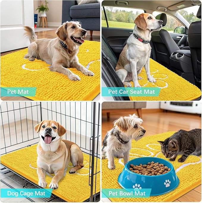 OLANLY Dog Door Mat for Muddy Paws 48x30, Paw Print Design, Absorbs Moisture and Dirt, Absorbent Non-Slip Washable Doormat, Quick Dry Chenille Mud Mat for Dogs, Entry Indoor Entryway Carpet, Yellow