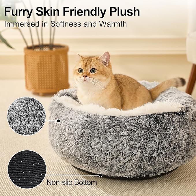 MADDEMCUTE Calming Dog & Cat Cave Bed With Hooded Cover, Removable Washable Round for Small Medium Pets, Anti-Slip Faux Fur Fluffy Coved for Improved Sleep, Fits up to 15/25 lbs (Grey, S)