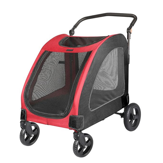 Dog Stroller with 4 Wheels, Folding Cat Strolling for Small/Medium/Large Dogs & Cats to 120 lbs, pet Stroller with Removable Carrier, Storage Basket,Cup Holder (Black Red)
