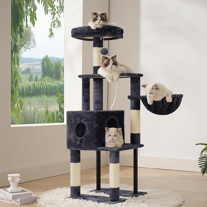 Heybly Cat Tree, 49.2 Inches Cat Tower for Indoor Cats, Spacious Cat House Condo with Hidden Space，Sturdy Steel Tube，Soft Plush Top Perch，Cozy Hammock and Sisal Scratching Posts, Smoky Gray HCT200SG