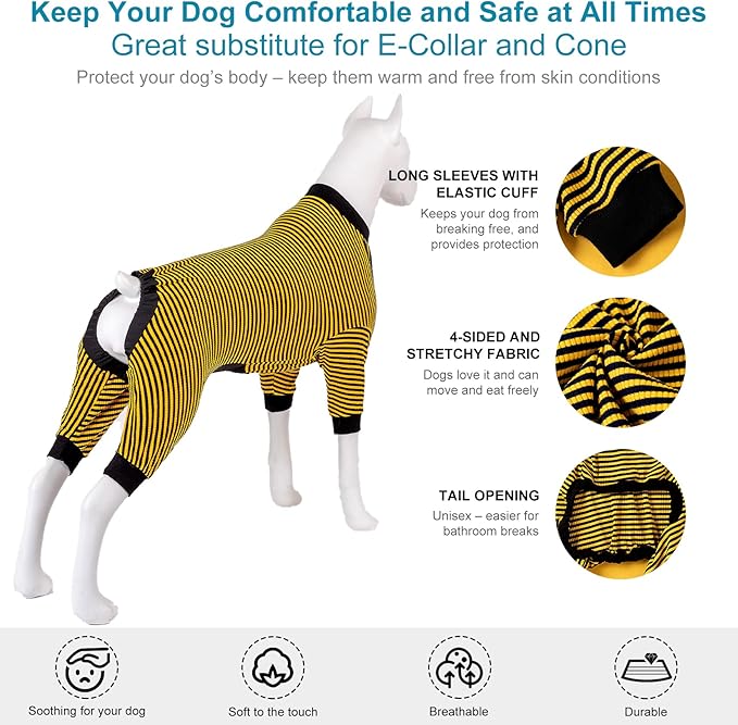 LovinPet Dog PJS Clothes for Giant Dogs, Pitbull Pure Cotton Yellow and Black Stripe Dog Shirt, 4-Legged Design, Full Body Coverage, Pajamas for Pitbulls, Onesies for Dogs, 2XL